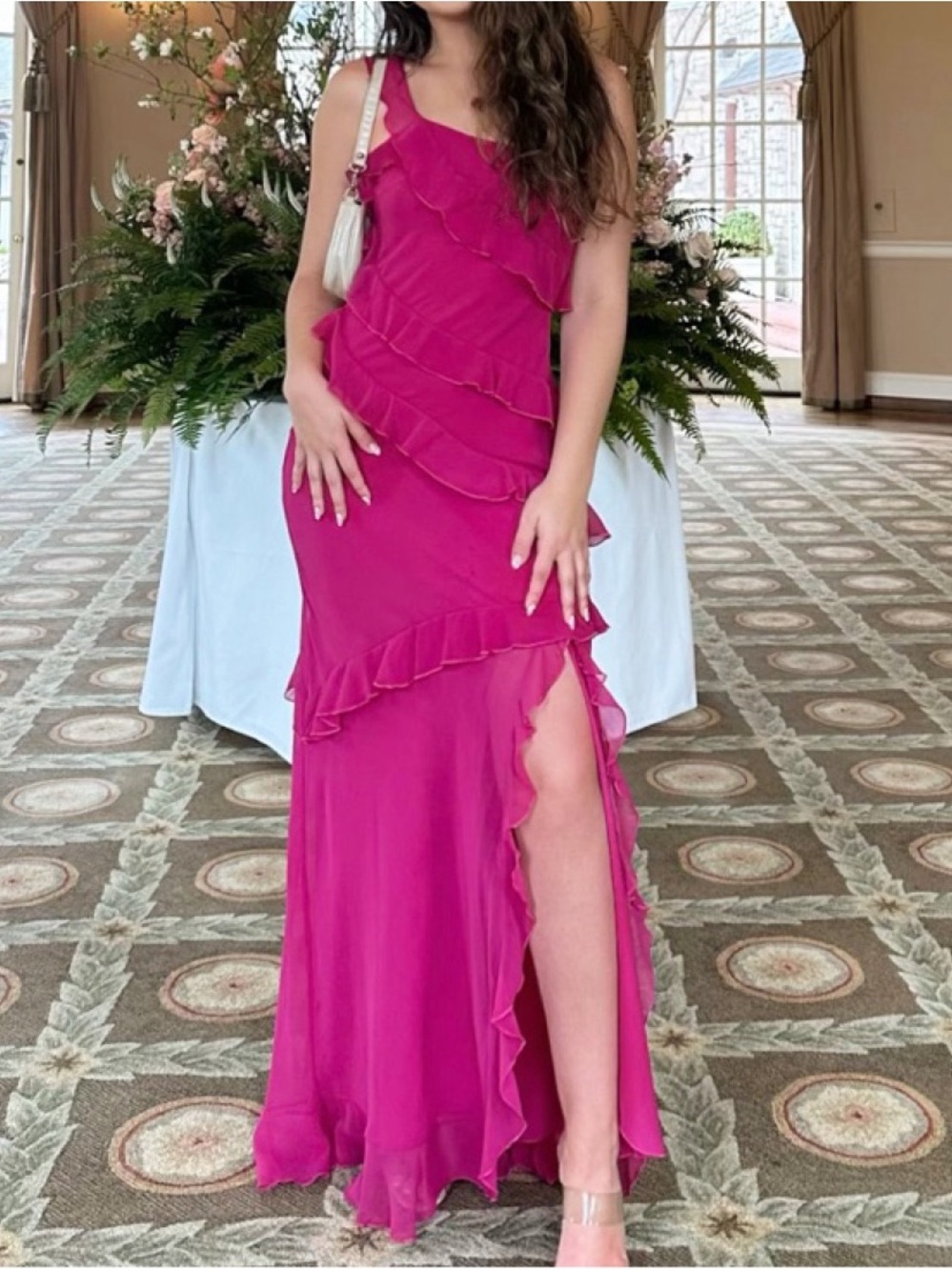 Mango Fuchsia Ruffled One-Shoulder Evening Dress